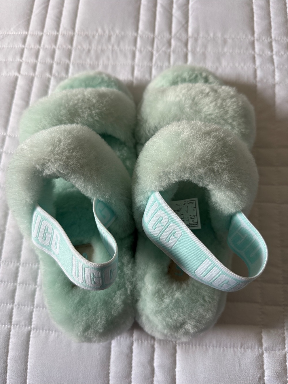 UGG Pastel Mint Fluffy Slide Sandals with Branded Elastic Strap